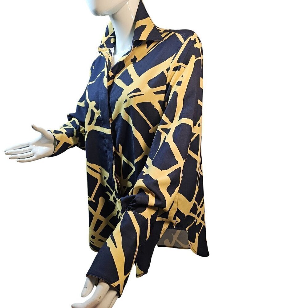 HIDEMI Abstract Geometric Print Blouse Women M Navy Yellow Statement Shirt